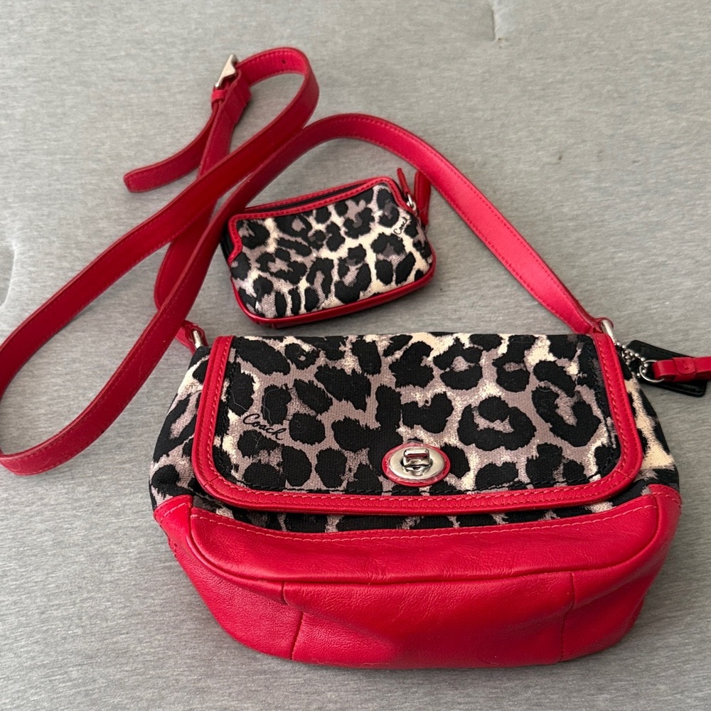 Coach Red and Leopard Ocelot Print Women's Bag with matching wallet - both NWOT